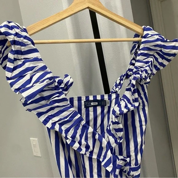 Ralph Lauren Striped Ruffled Shirt Dress Wrap Sleeveless Blue White Stripe Sz 4 - Picture 3 of 14